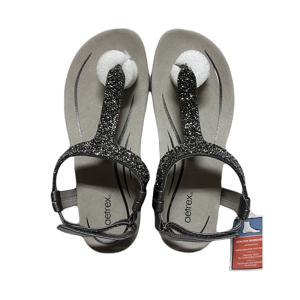 NEW Aetrex Womens Size 8.5 Gunmetal Leather Jade Sparkle Arch Support Sandals - Picture 6 of 9